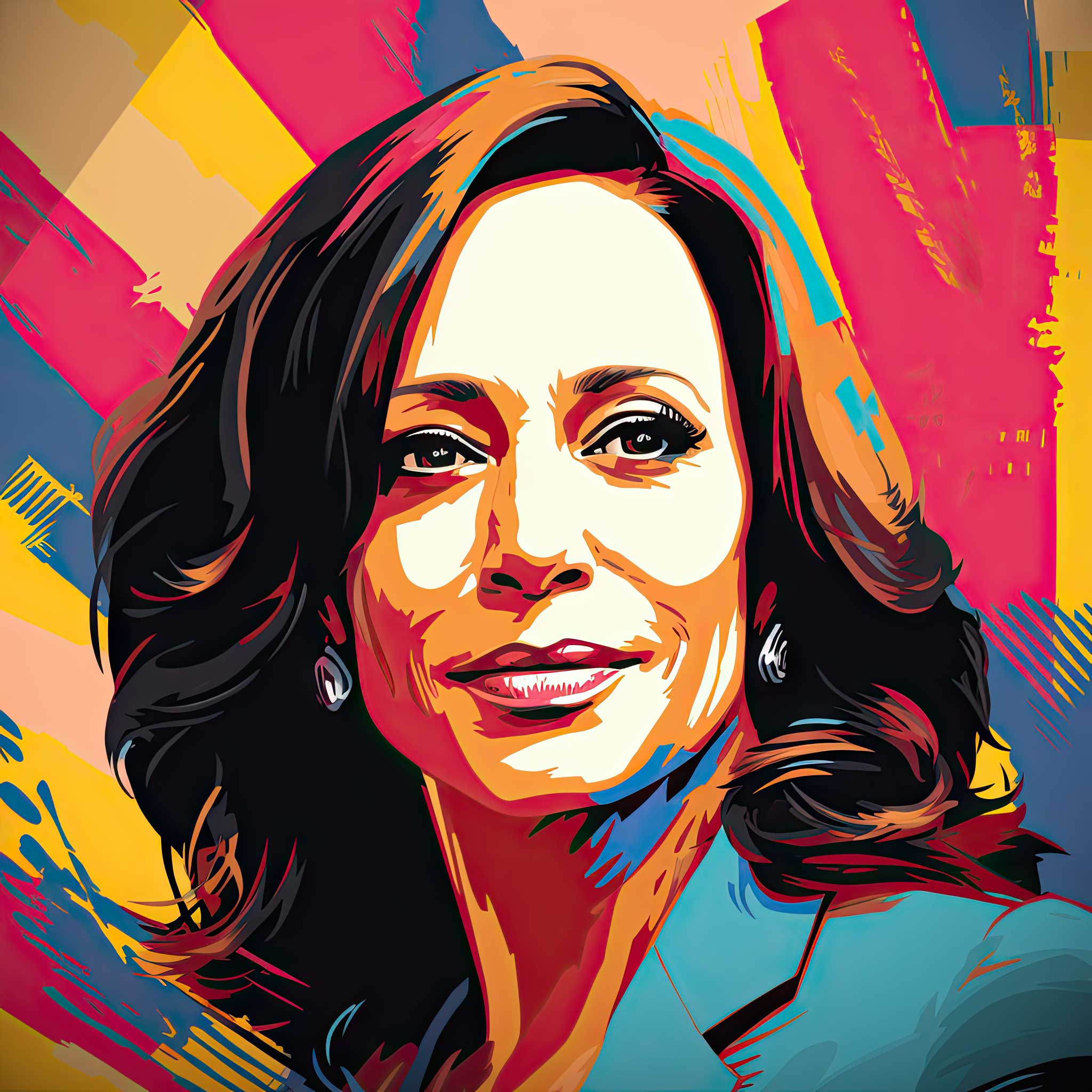 Stylized portrait of Kamala Harris with colorful background