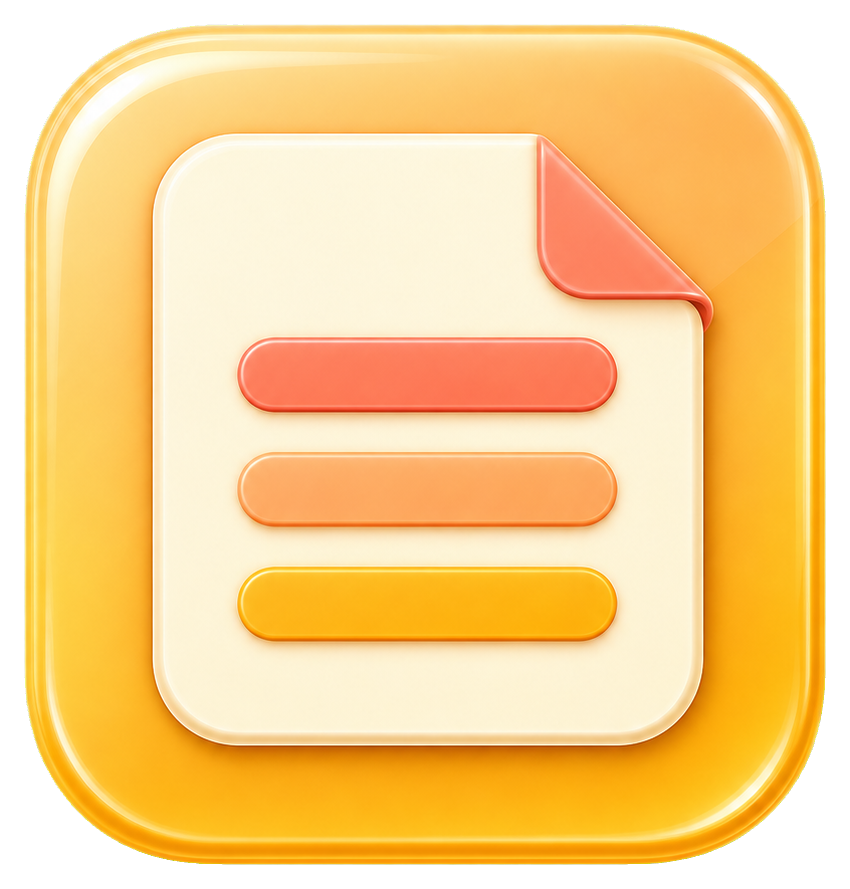 Glossy orange notes app icon with a cream note and three horizontal lines