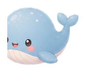 Cute blue whale with a smiling face and small fins on a white background.