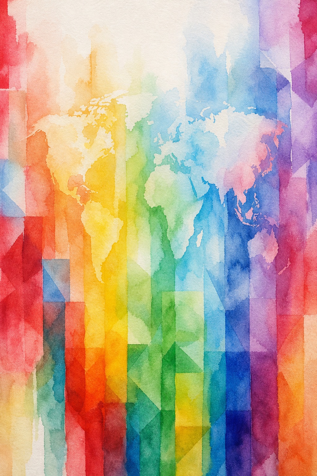Colorful abstract watercolor background with vertical flag-like shapes and soft blended colors.