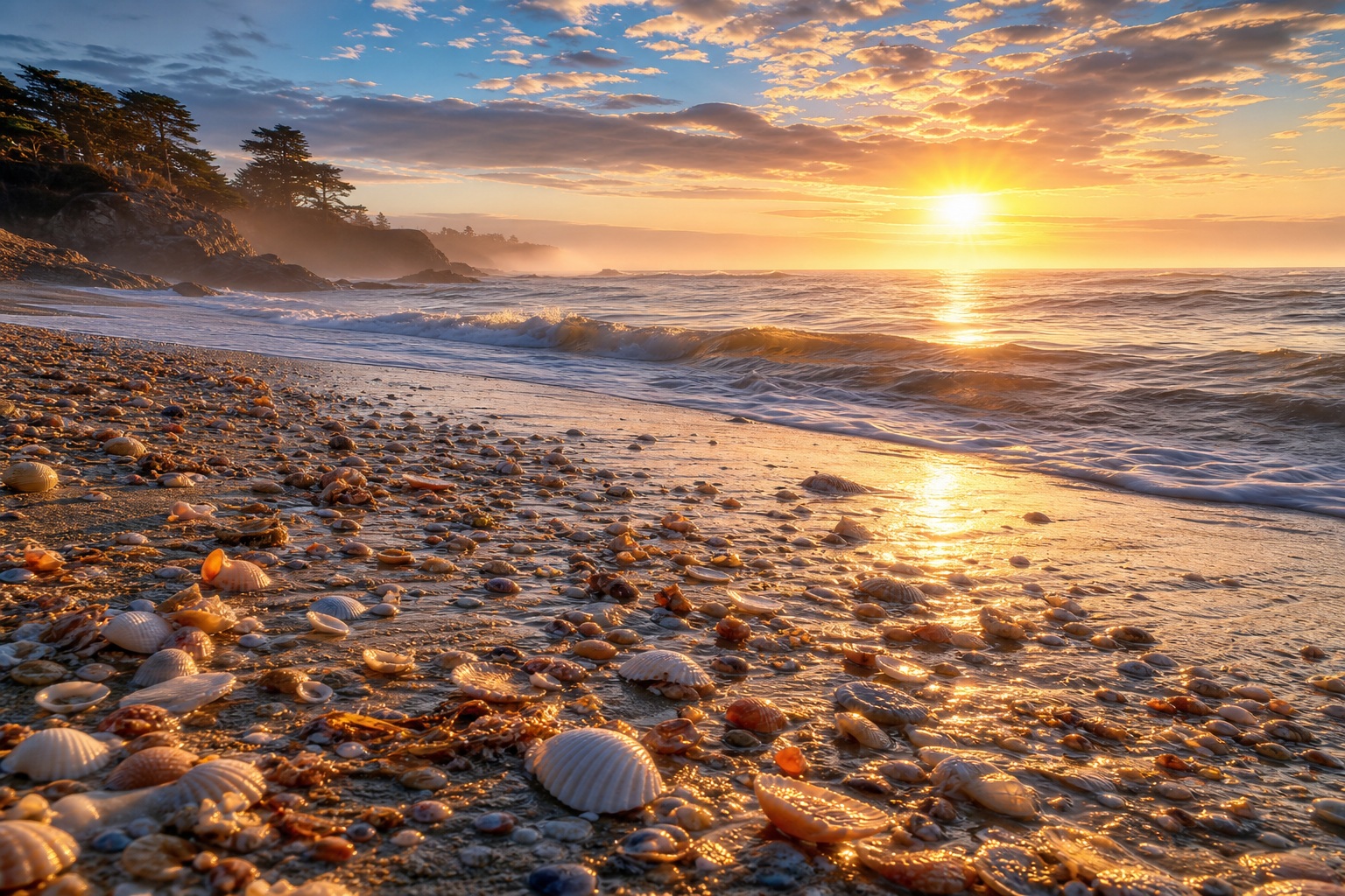 Sunrise over a shell-covered beach with waves and glowing ocean reflections.