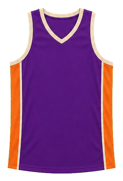 Purple blank basketball jersey sticker with orange side panels and light trim