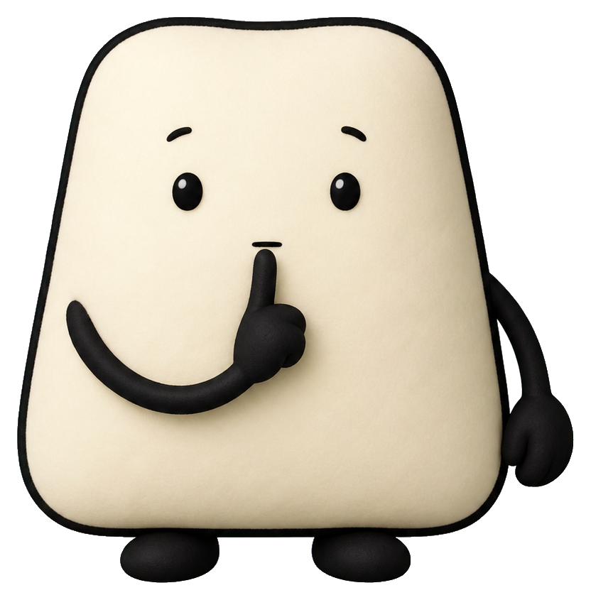 Cute beige square character making a shush gesture with a finger over its mouth.
