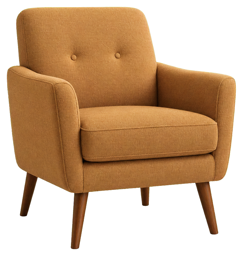 A realistic tan armchair with wooden legs and tufted backrest
