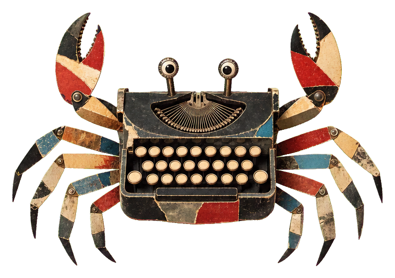 A crab made from a typewriter with striped claws and legs
