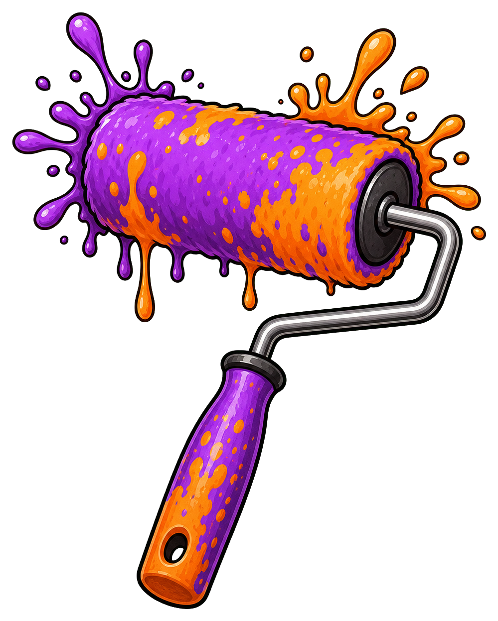 Purple and orange paint roller sticker with splattered paint