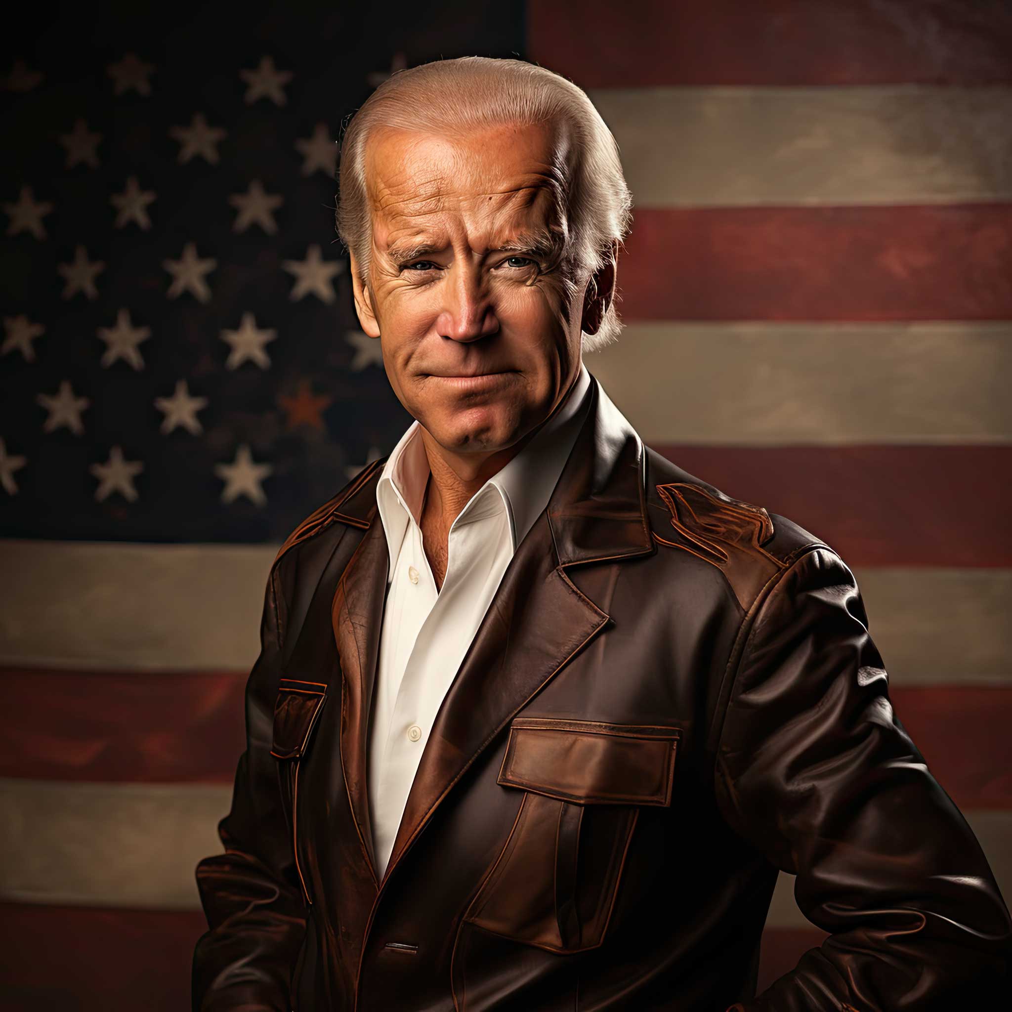 Portrait of Joe Biden standing before a faded American flag background.