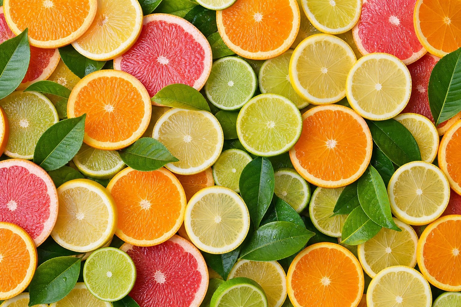 Overhead flatlay of assorted citrus slices with leafy green accents on a bright background