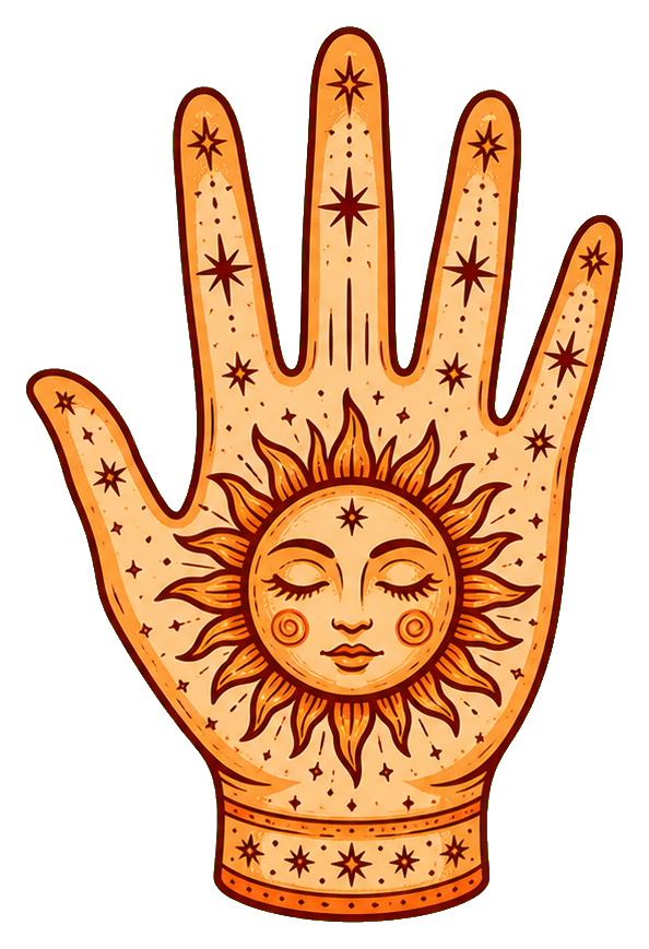 Illustrated hand with a sun face in the palm and star details on the fingers