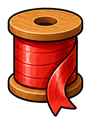 Red ribbon spool with a loose ribbon tail on a wooden spool