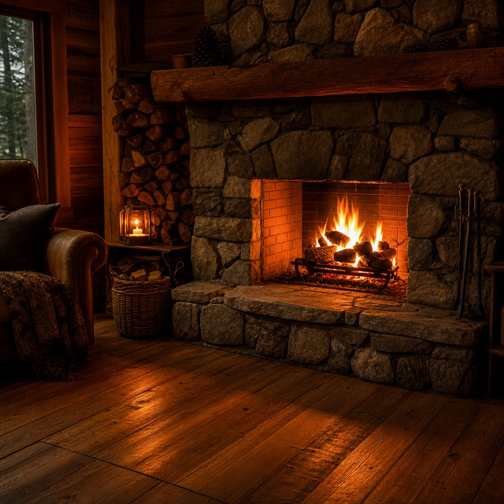 Warm fireplace glowing in a rustic cabin interior with stone hearth and wooden floor
