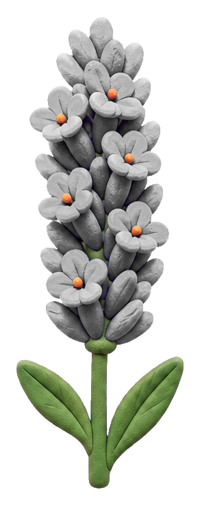 Matte clay lavender sprig with dark purple-gray flowers and green leaves