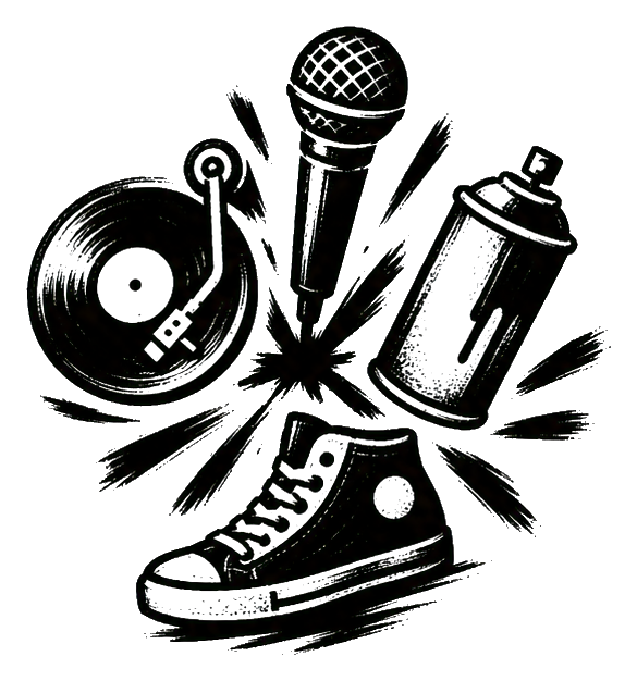 Black stylized Four Elements emblem with graffiti-like lettering