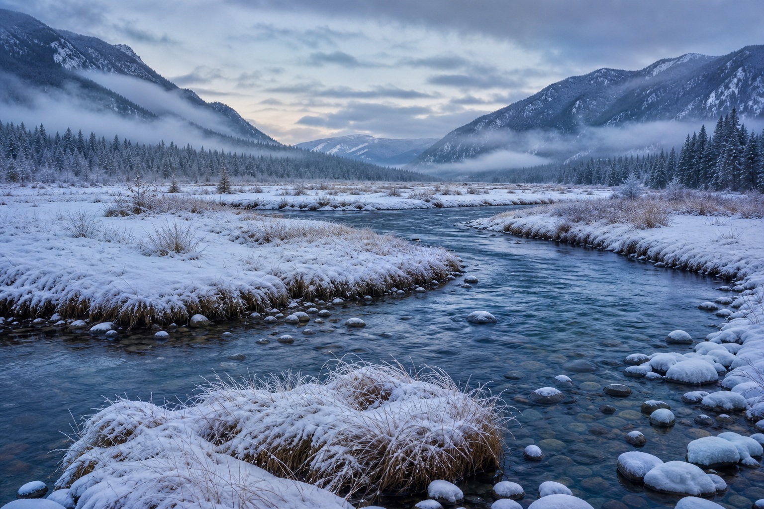 Snow-covered river winding through a misty winter valley with mountains