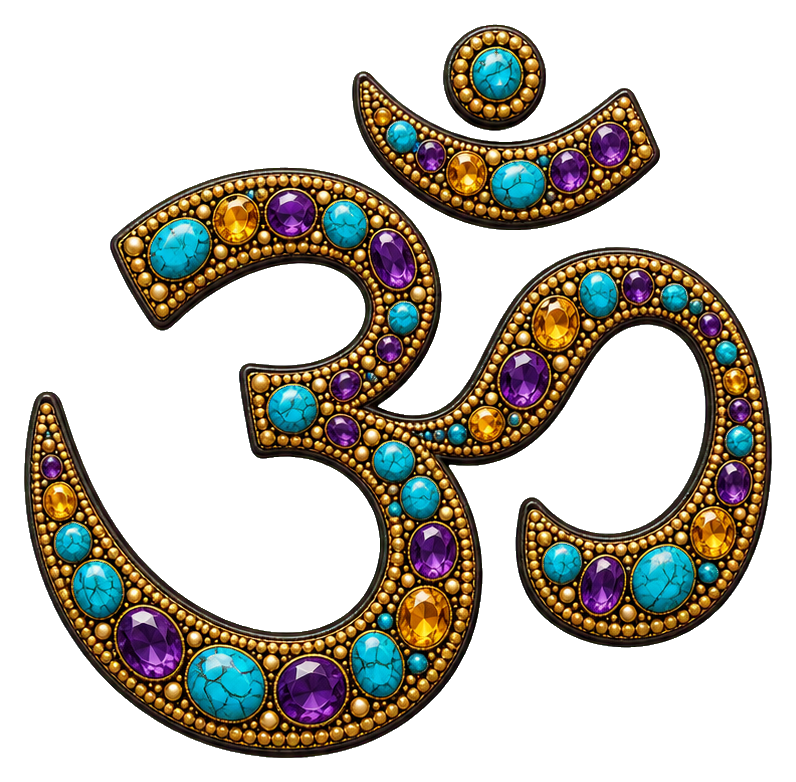 Colorful beaded Om symbol with gemstone accents on a black background