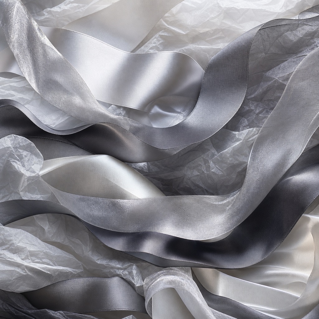 Silver fabric ribbon waves layered over a soft monochrome textured background