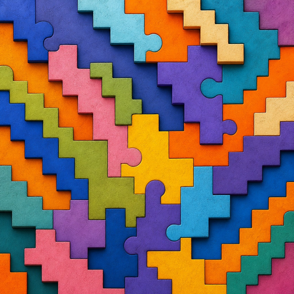 Colorful interlocking puzzle pieces forming a playful geometric pattern background.