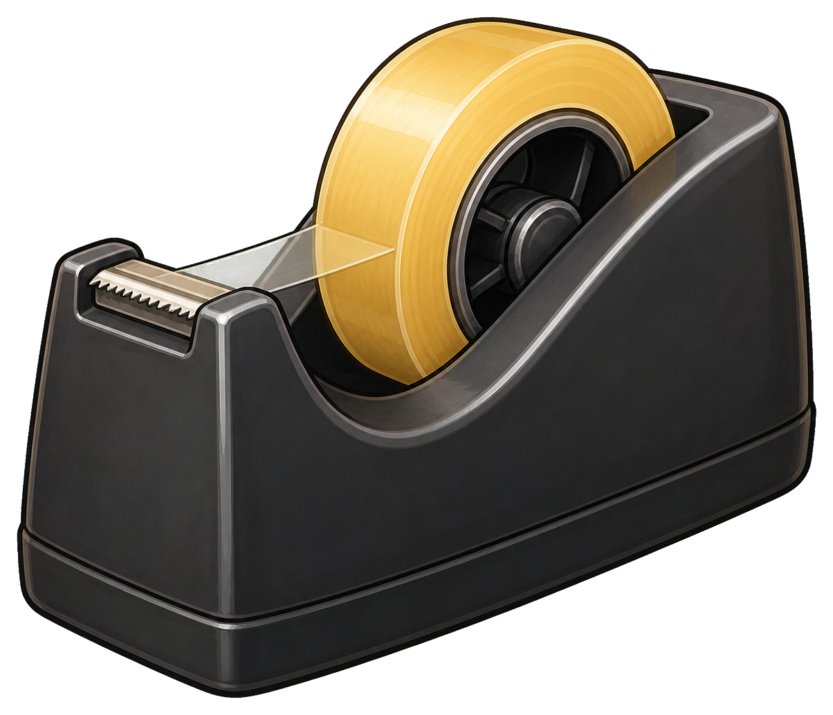 Black tape dispenser with a roll of yellow tape on top
