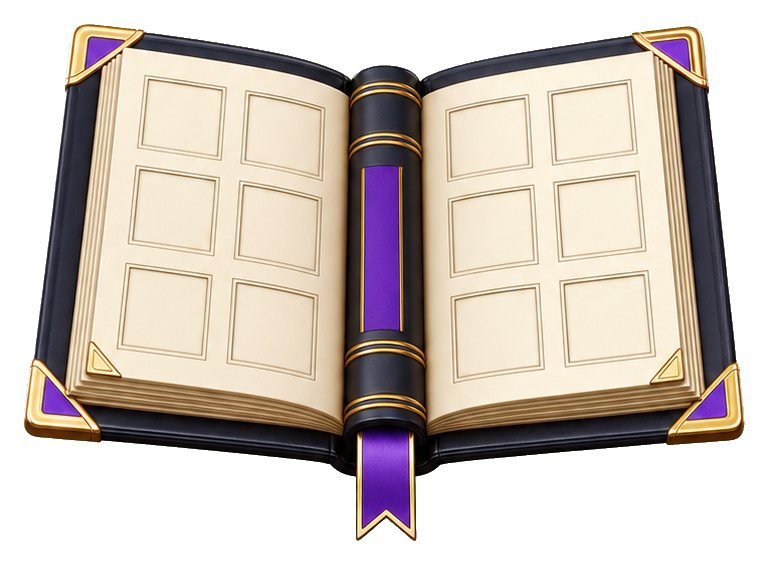 Open yearbook sticker graphic showing an open book with purple and gold accents