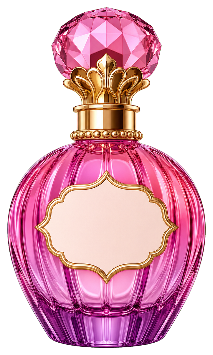 Pink faceted perfume bottle with gold cap and decorative label
