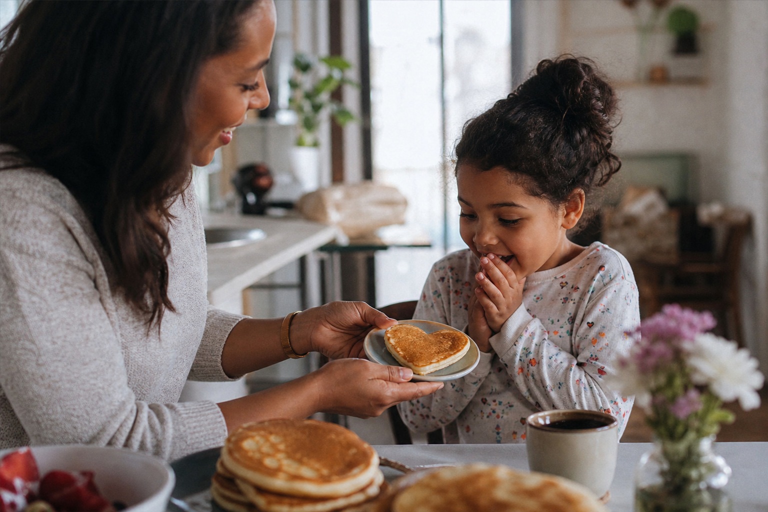 Mother and child sharing a pancake breakfast at a kitchen table with flowers and coffee.