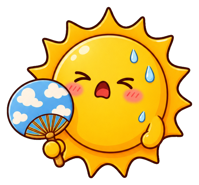 Cute hot sun with a fan and sweat drop cartoon sticker