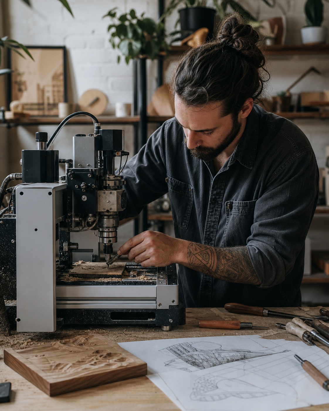 Man working at a machine in a workshop beside sketches and wooden pieces