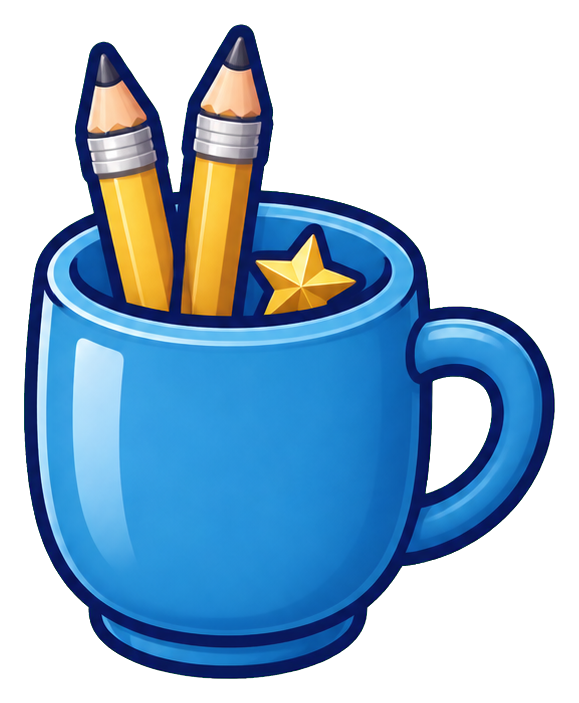 Blue mug holding two pencils and a yellow star sticker graphic