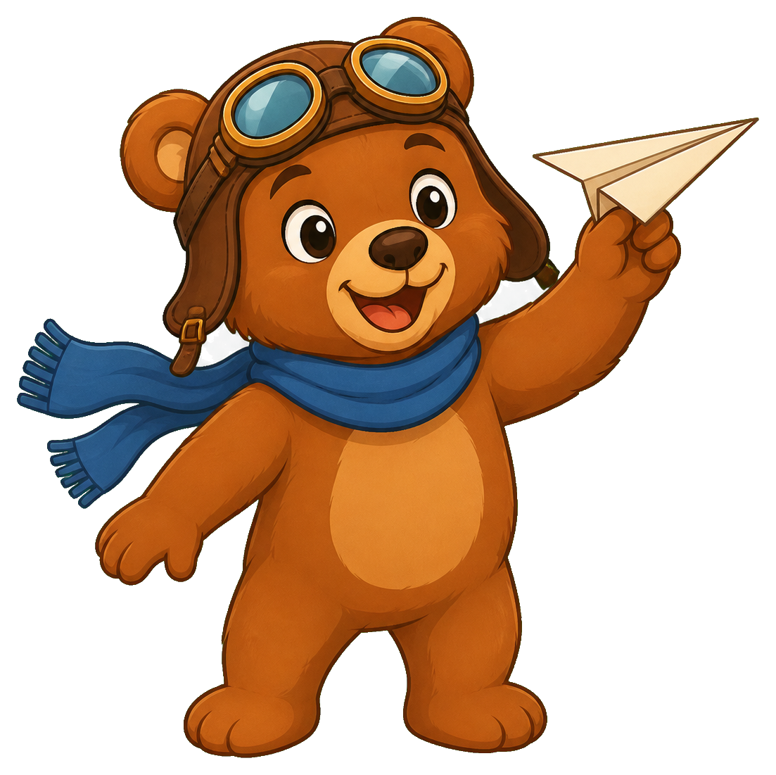 Cartoon bear wearing aviator goggles and scarf holding a paper airplane.