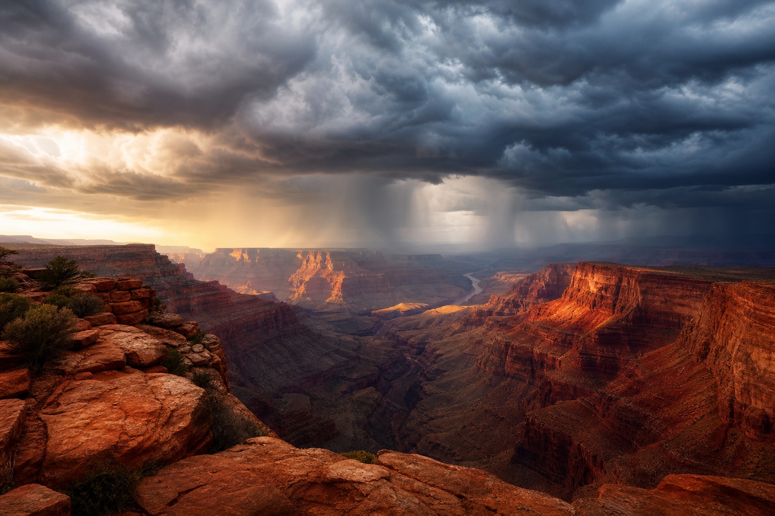 Storm clouds over a desert canyon with red cliffs and glowing light
