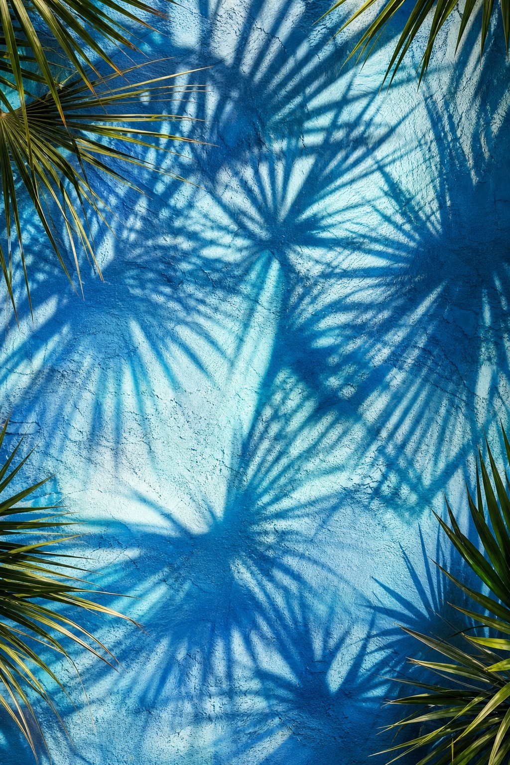 Blue water background with overlapping palm leaf shadows around the edges