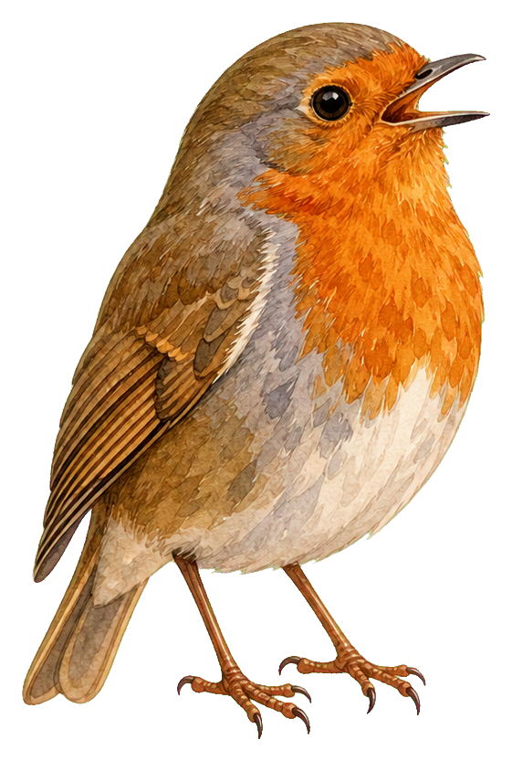 Watercolor robin standing with open beak as if singing