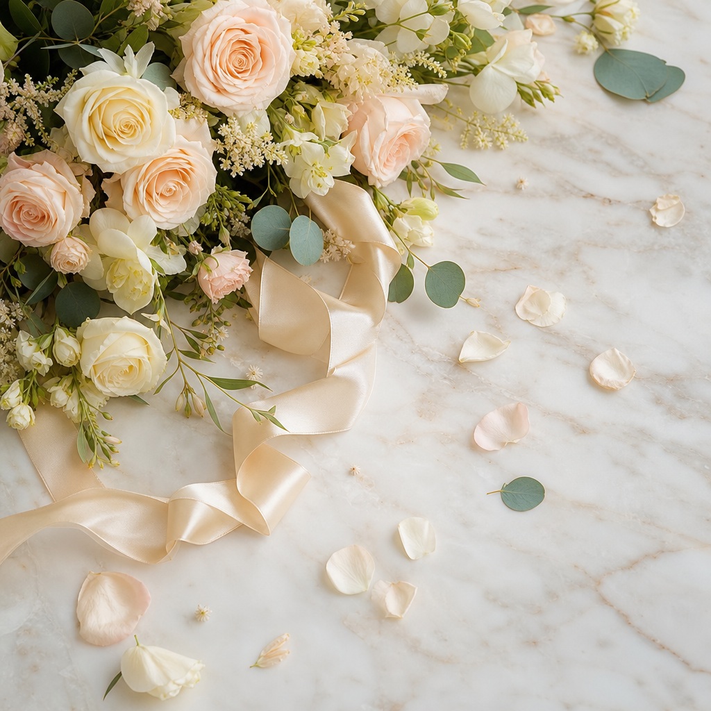 Cream bridal bouquet with ribbon and scattered petals on a marble surface