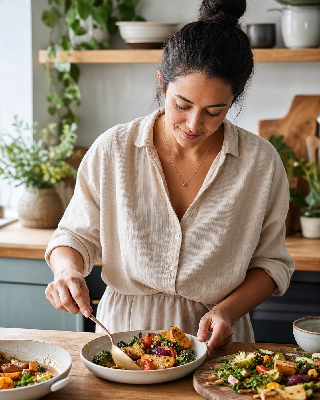 Woman serving a colorful dinner in a bright home kitchen