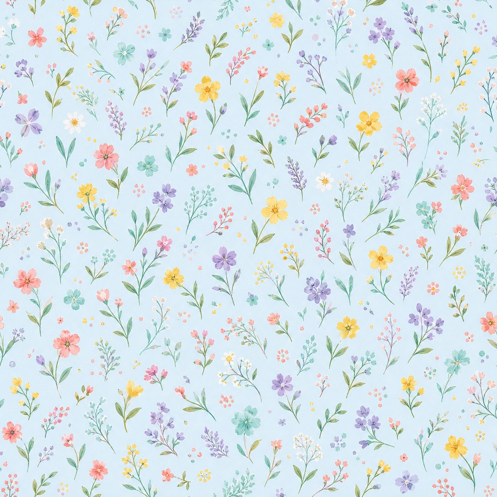 Tiny pastel flowers and meadow stems scattered on a light blue background