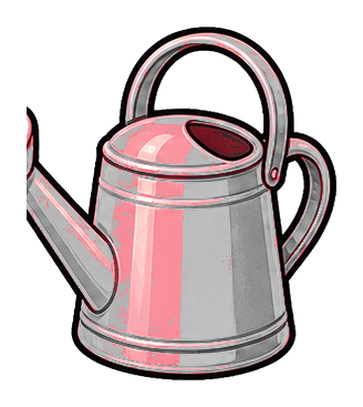 Pink and gray watering can with a long spout and curved handle.