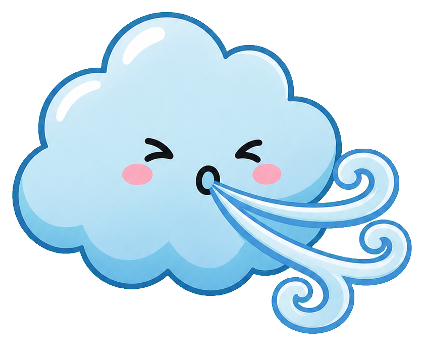 Cute blue cloud blowing swirls of wind with a blushing face