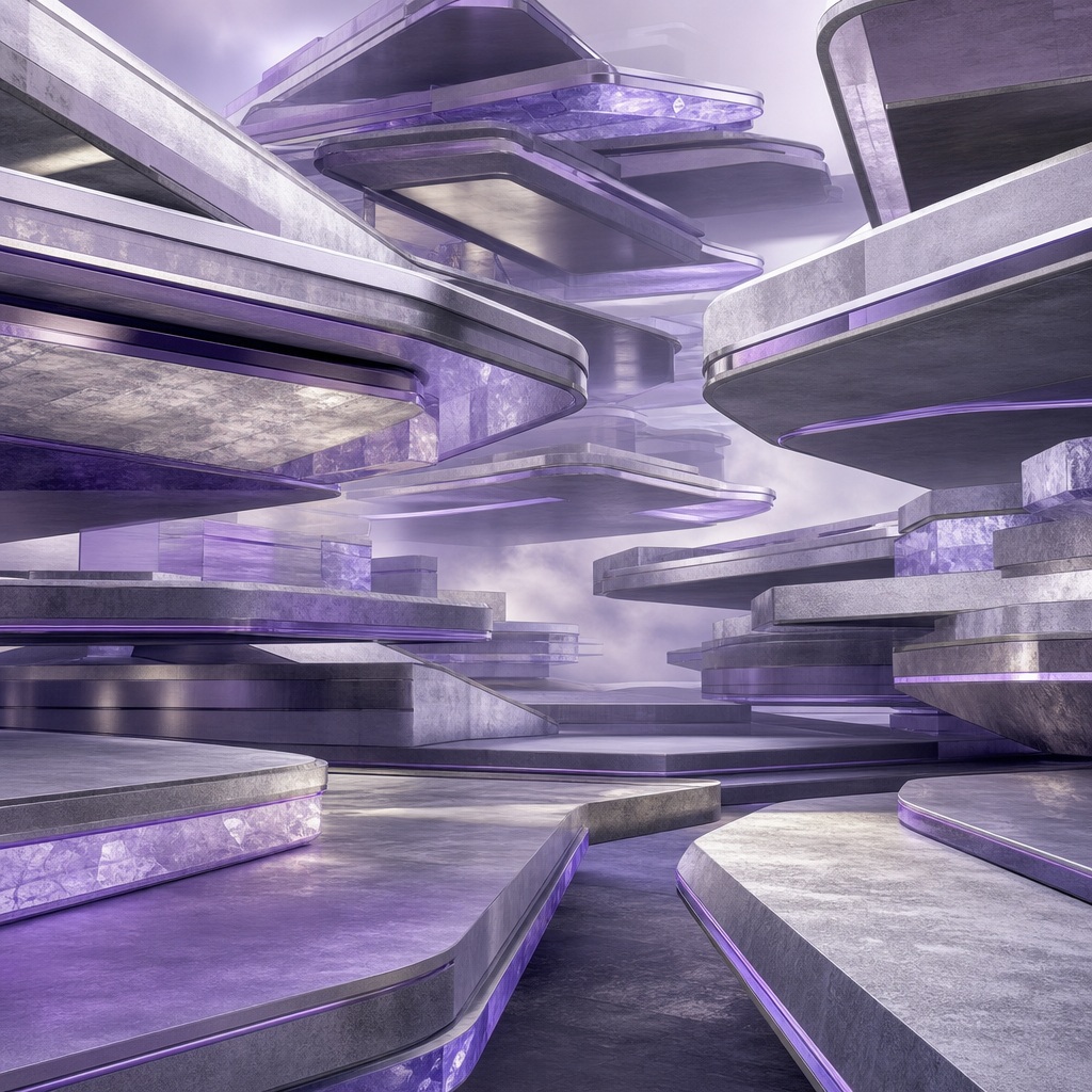 Violet chrome futuristic architectural forms with layered curved platforms and reflective surfaces.