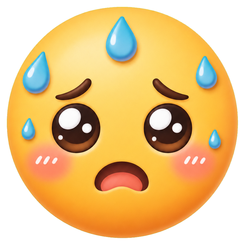 Cute anxious yellow face with teary eyes, open mouth, and blue sweat drops
