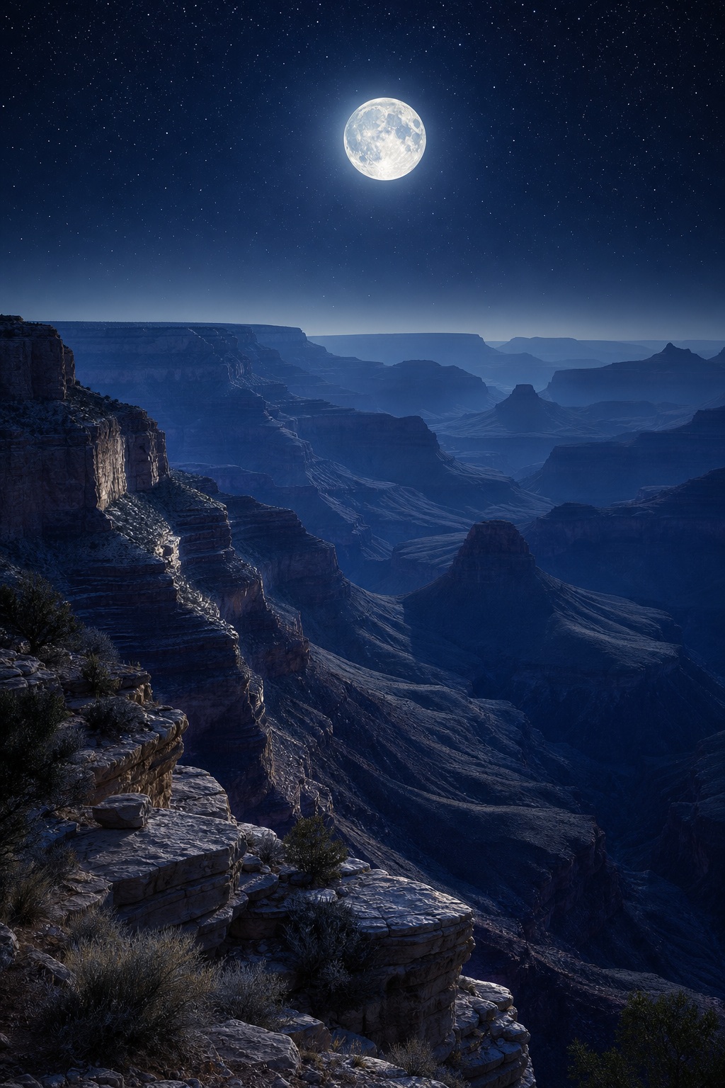 Moonlit canyon with layered desert cliffs under a starry night sky.