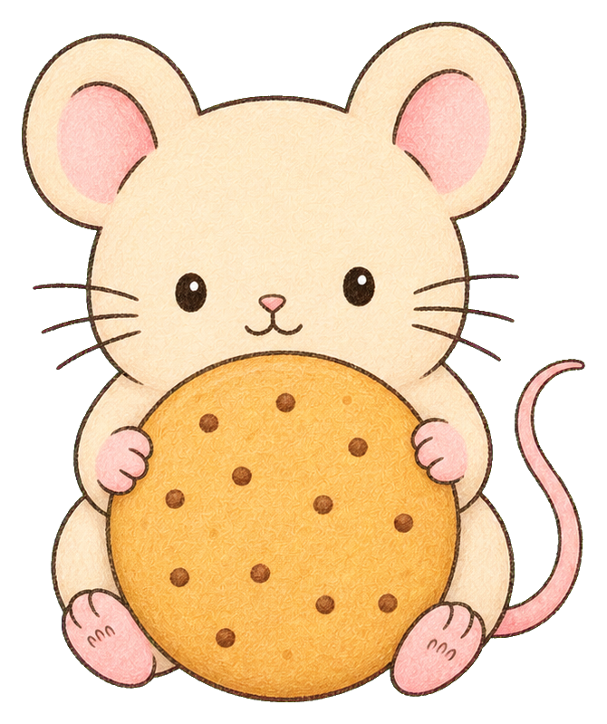 Cute kawaii mouse holding a round cookie with both paws.
