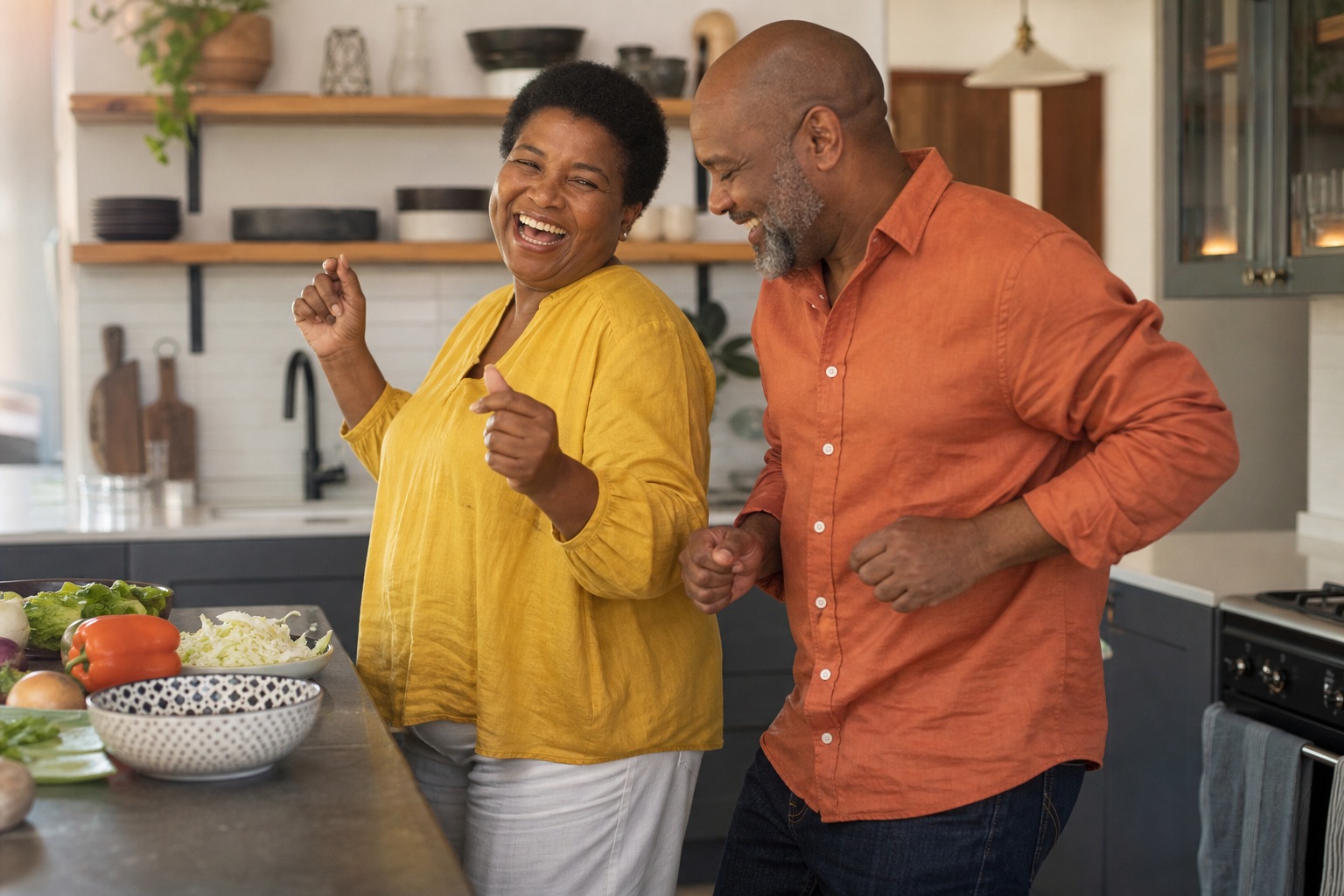 Two adults dancing in a bright kitchen beside a counter of fresh food