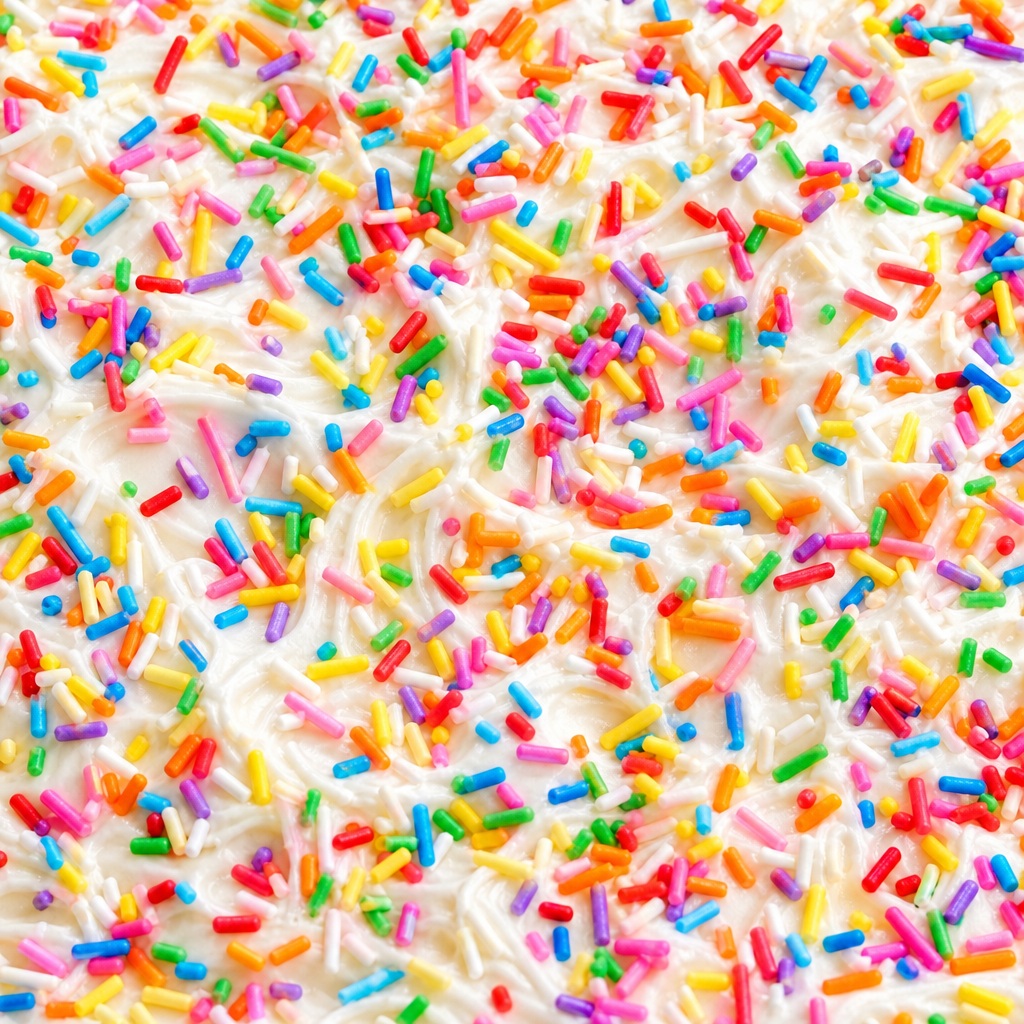 Colorful rainbow sprinkles scattered across a white background in a square frame.