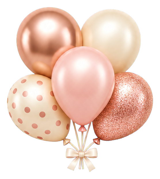 Blush and rose gold balloon cluster with a small bow at the base.