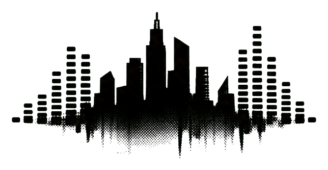 Dark city skyline with glowing equalizer bars rising across the center.