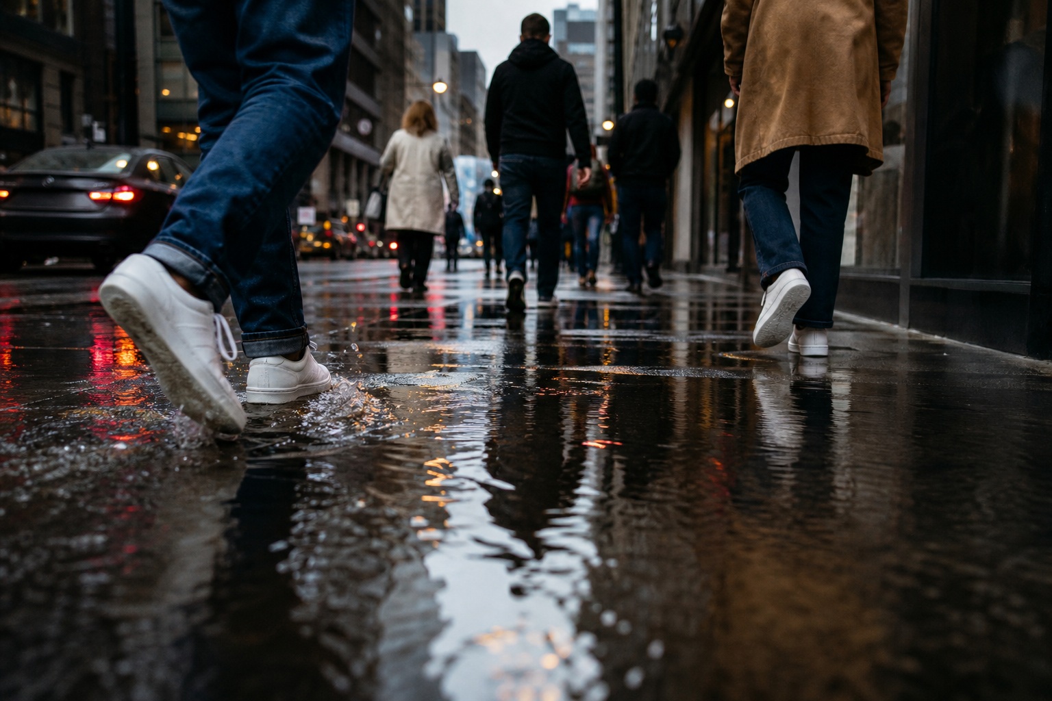 People walking on a wet city sidewalk with puddles and rainy reflections.