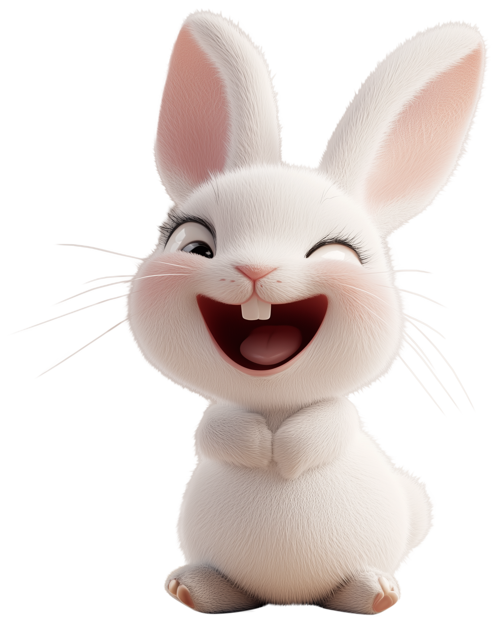 Smiling white cartoon rabbit with closed eyes and open mouth, rendered as a 3D sticker.