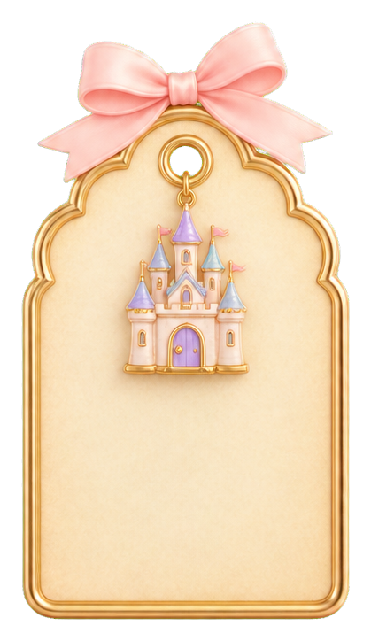 Pink bow-topped gift tag with a small pastel castle hanging in the center