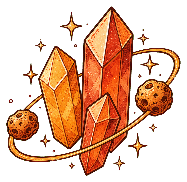Orange crystal cluster with orbiting asteroids and small sparkling stars