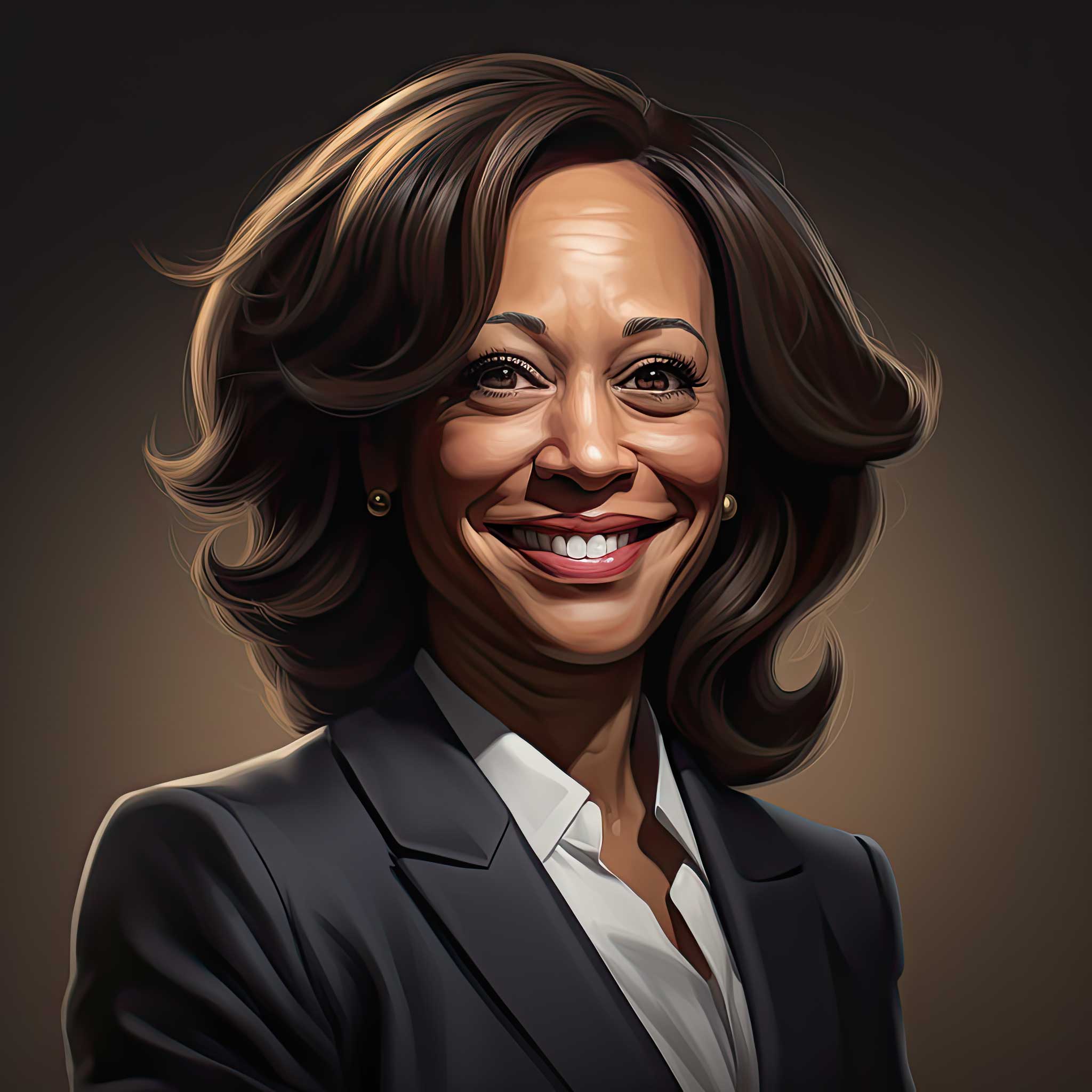 Stylized portrait of Kamala Harris smiling against a dark background.